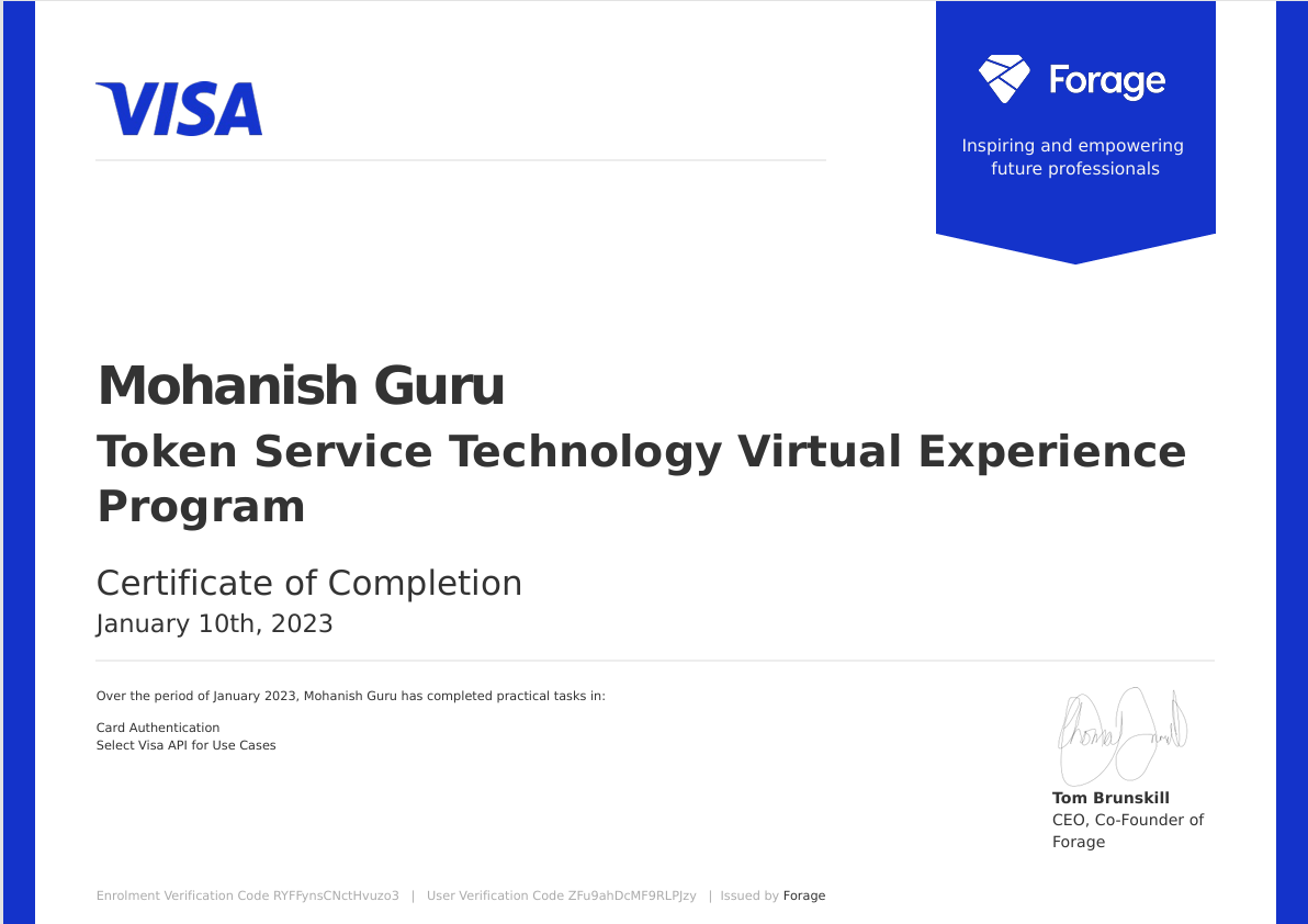 VISA Token Service Technology Certificate