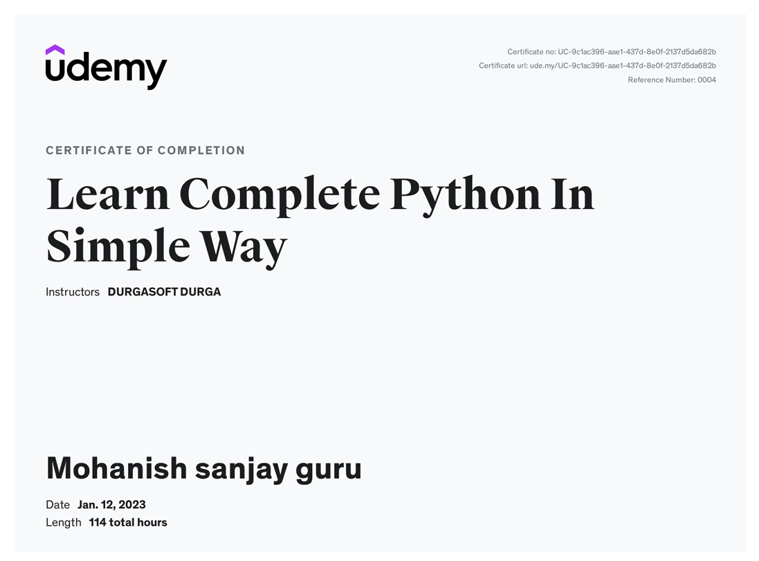 Udemy Complete Python Programming Certificate